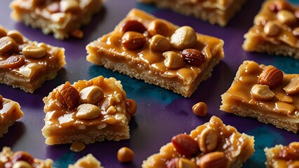  A futuristic, sci-fi inspired peanut brittle with a metallic sheen and geometric patterns, rendered in a high-tech, digital style.	