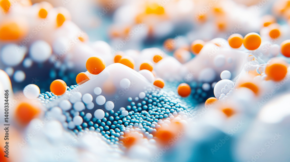 Poster a molecular structure featuring a network of interconnected spheres representing atoms or molecules
