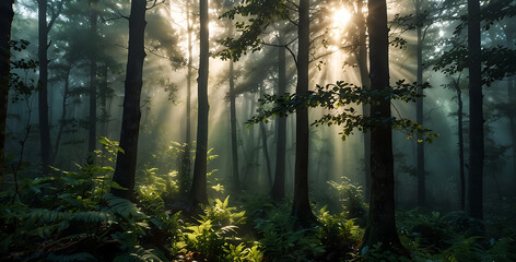 Sunlight Streaming Through Tall Trees in Misty Forest Illuminating Lush Ferns