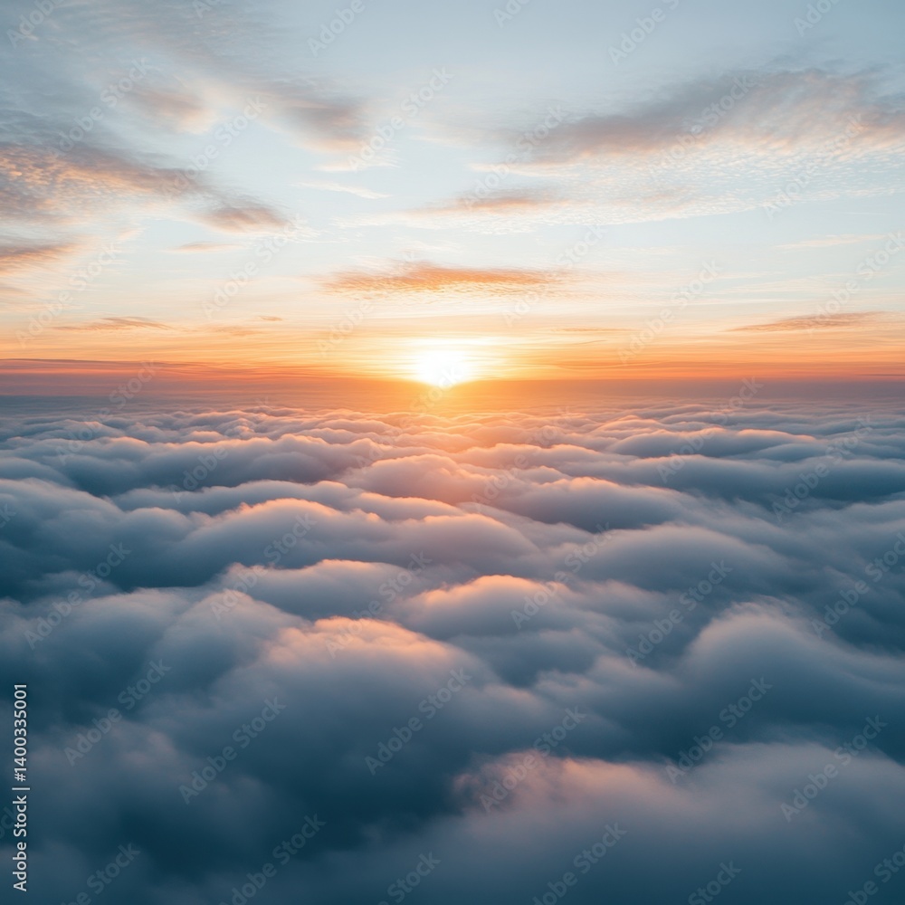 Poster aerial view of a breathtaking sunset over a sea of clouds with warm light and soft colors creating a