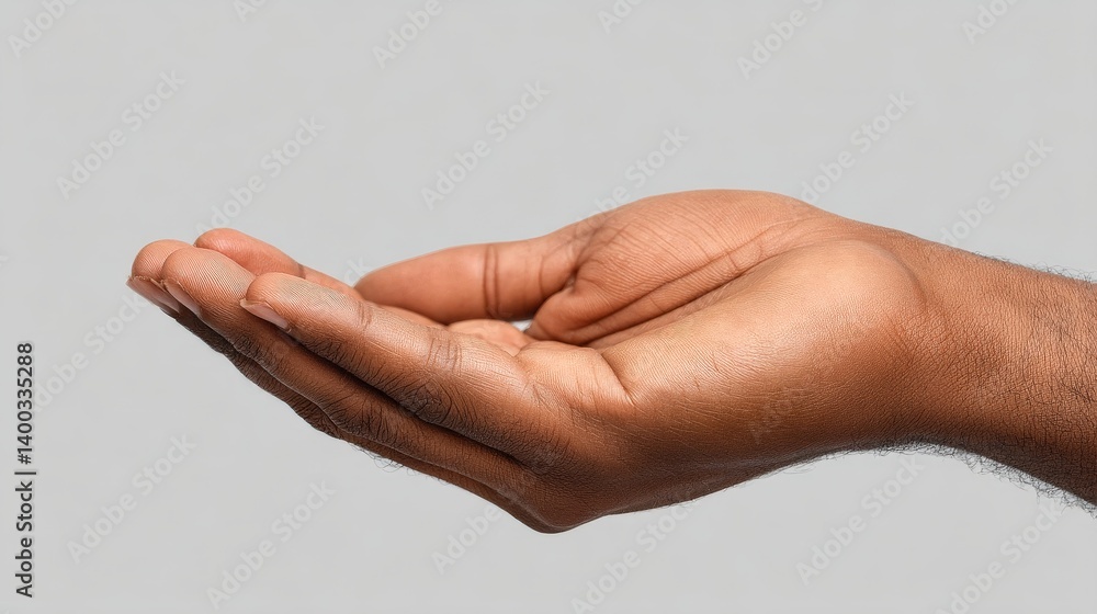 Poster outstretched palm of an open hand offering gesture against a smooth neutral background emphasizing s