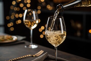 Two crystal champagne glasses with white beverage sit on a restaurant table, suggesting celebration