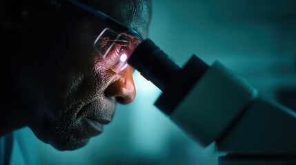 Focused scientist examines samples through an advanced microscope in a laboratory, dedicating time to meticulous research and analysis of microscopic structures