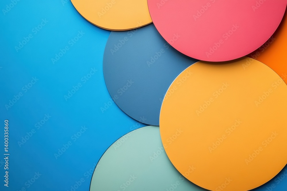 Poster colorful minimalist label stickers on vibrant background featuring rounded abstract shapes in variou