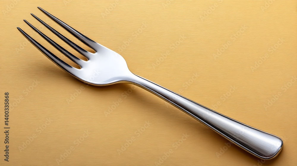 Poster isolated silver metal fork on golden textured background placed diagonally under bright lighting emp