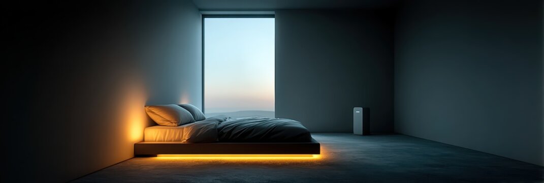 In a spacious bedroom with minimal decor, soft evening lighting creates a tranquil ambiance. A comfortable bed is positioned near a large window, inviting relaxation for better sleep quality