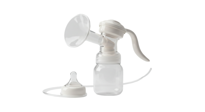 Isolated breast pump with bottle and nipple on a black background for breastfeeding mothers needs