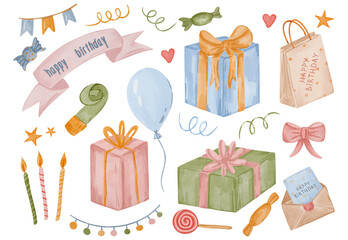 Happy birthday elements set, gifts, candles, cake, candies, balloon,presents, bow, happy birthday objects,  greeting,celebration bundle, on the transparent background, digital watercolor