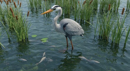 Fototapeta premium Great Blue Heron Hunting in a Calm Wetland Habitat: A Serene Water Scene