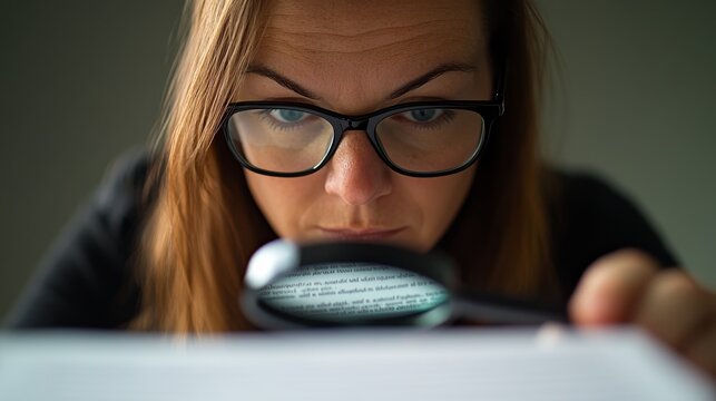 Focused woman with reading glasses examines fine print using a magnifying glass, emphasizing paper textures and clear details under soft lighting