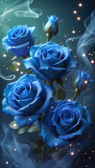 Vibrant blue roses with a mystical and enchanting atmosphere, surrounded by swirls of smoke and magical sparks