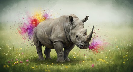 Fototapeta premium Rhino's Rainbow: A Whimsical Digital Painting of Nature's Majesty AI Generated