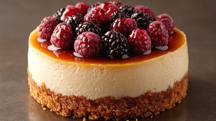 Delicious cheesecake with luscious berry topping and rich caramel glaze display