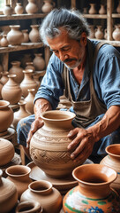 A master potter carefully molding a delicate clay pot with skilled hands, in a bustling pottery workshop