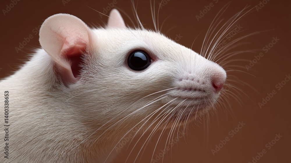 Poster white mouse with visible whiskers and red eyes facing right on warm-toned backdrop under soft focus 