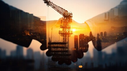 Construction Partnership with Crane at Sunset Over City Skyline