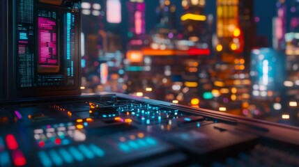 A detailed scale model showcases a vibrant futuristic skyline, illuminated by glowing streetlights and neon signs, creating a dreamlike sci-fi atmosphere