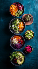 Overhead shot of vibrant, colorful bowls filled with assorted vegetables, salmon, and seeds.  Represents healthy eating,  clean food, and a balanced diet.  Showcase of various ingredients