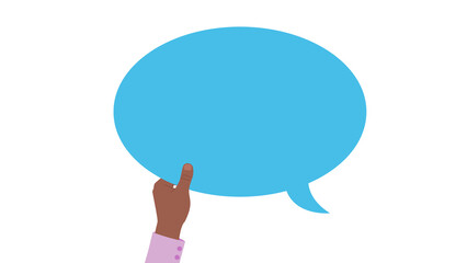 Flat design illustration. Worker hand holding speech bubble. African american worker wearing salmon shirt holding white speech bubble.