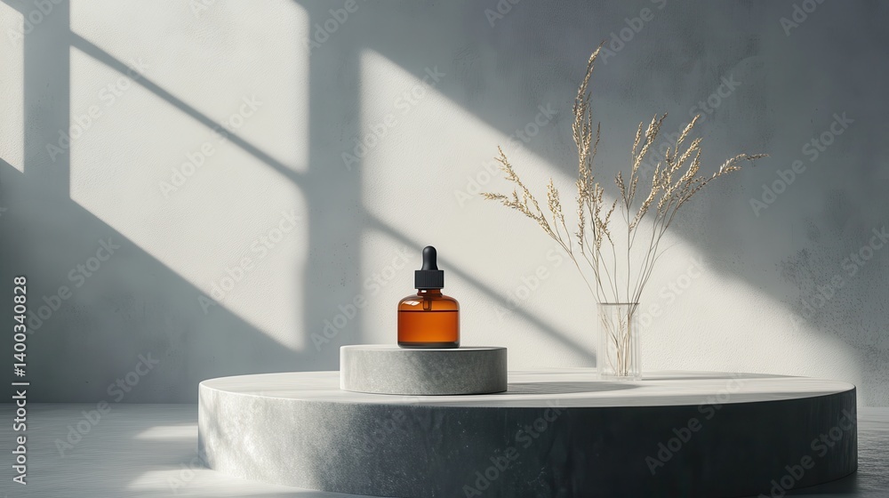 Poster brown glass dropper bottle on a circular stone pedestal beside dried grass in a minimalist setting w