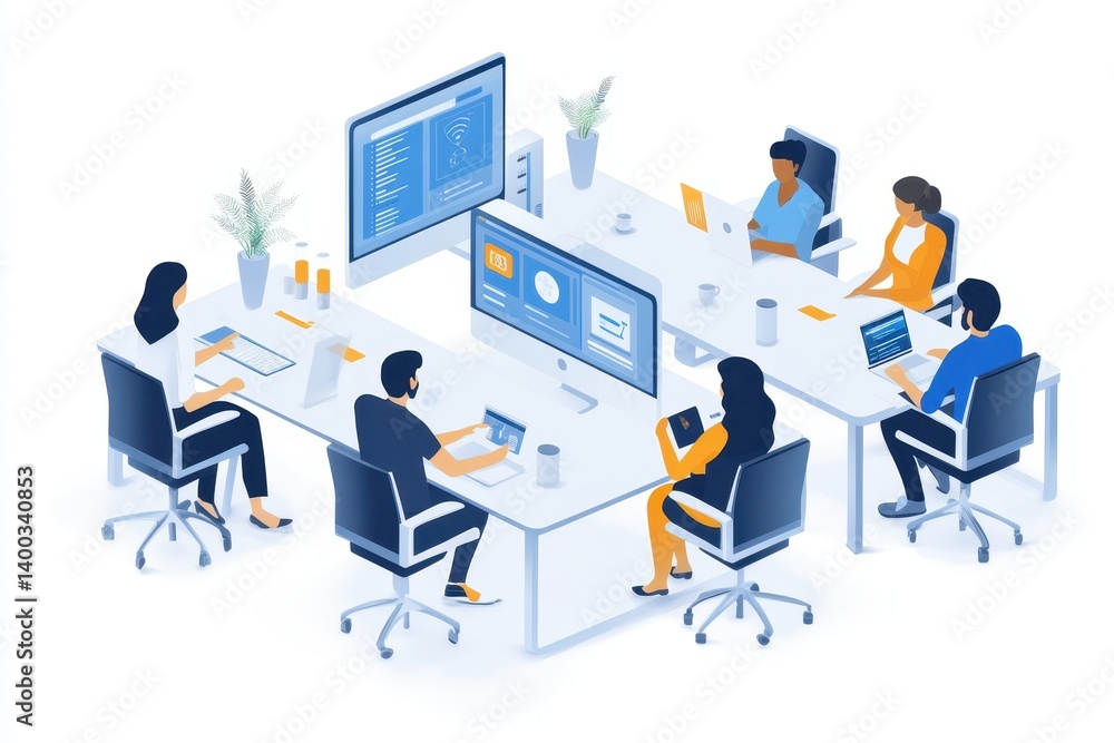 Leinwandbilder team collaborating in a modern office setting with multiple screens and devices, fostering productiv