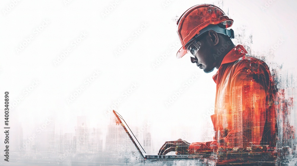 Poster engineering worker using laptop in industrial setting with double exposure