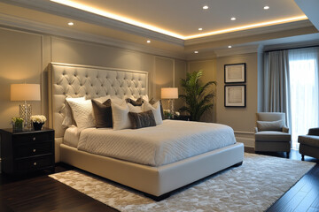 Large bed dominates bedroom with minimal decor; a chair sits beside, creating a spacious and serene ambiance.