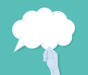 Robotic ai assistant hand holding speech bubble. Cloud has screws screwed into itself. Flat design illustartion.