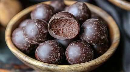 Obraz premium Dark chocolate truffle coated with rich cocoa powder, filled with creamy dark chocolate ganache