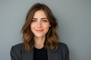 Obraz premium Elegant woman with captivating eyes and gentle smile against simple background