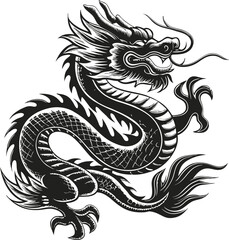 Fototapeta premium Traditional black and white chinese dragon illustration with intricate details