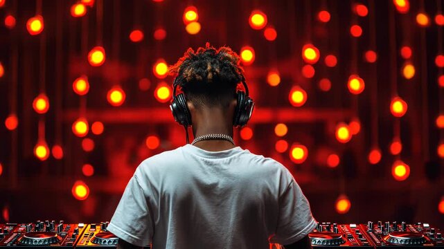 A DJ standing with headphones in front of a backdrop of glowing red lights, setting an electrifying mood for the performance.