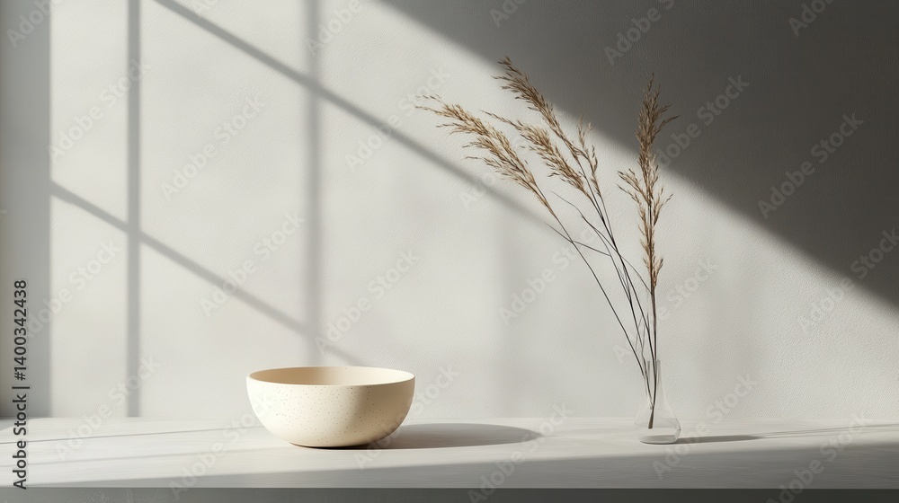 Poster brown glass dropper bottle on a circular stone pedestal beside dried grass in a minimalist setting w