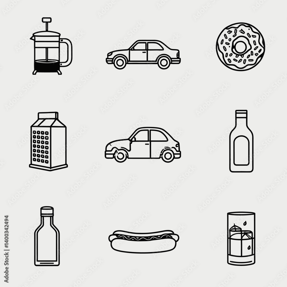 Poster minimalist icons of everyday objects in outlined style