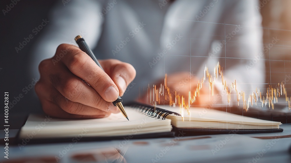 Poster man writing business strategy in notebook with financial chart overlay