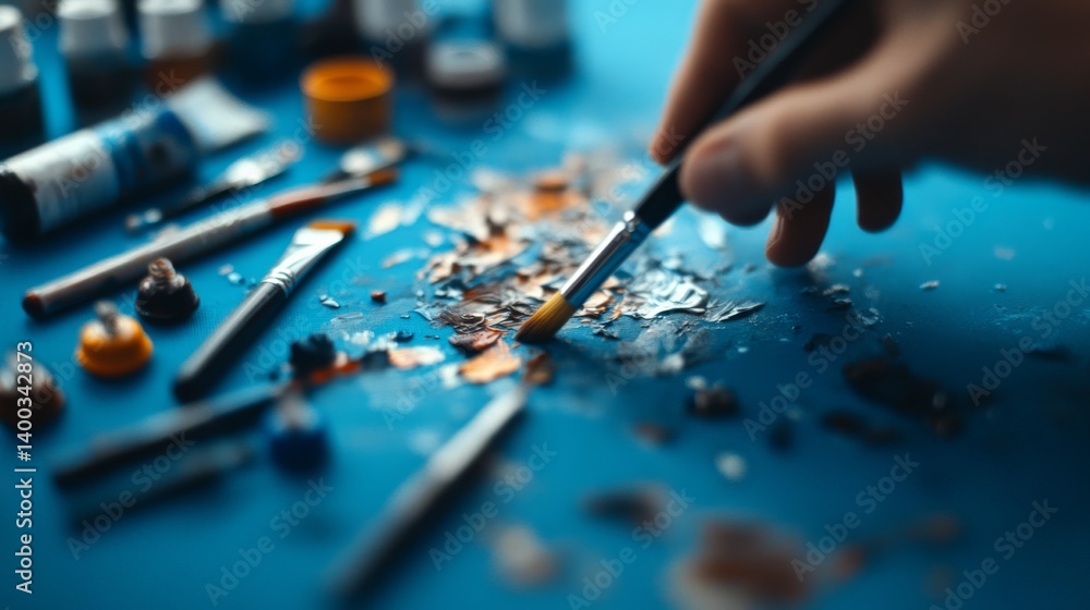 Fototapete an artist focuses on adding intricate details to a vibrant abstract painting while surrounded by sca