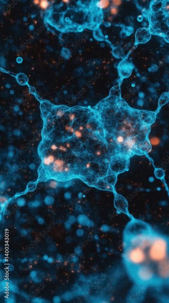 Poster abstract luminous network of blue interconnected nodes with orange glowing particles on dark backgro
