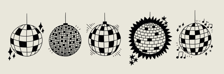 Disco Ball Sketch Set. Club Dance Party Mirror Discoball Collection. Doodle Vector Illustration