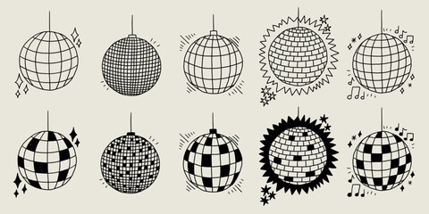 Disco Ball Sketch Set. Club Dance Party Mirror Discoball Collection. Doodle Vector Illustration
