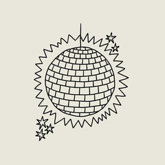 Disco Ball Doodle Line Icon with Star. Mirror Dance Celebration Discoball. Sketch Vector Illustration