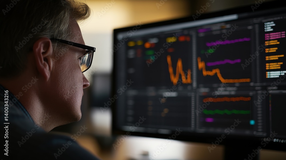 Leinwandbilder a financial analyst leans forward at a desk, focusing intently on colorful candlestick charts and an