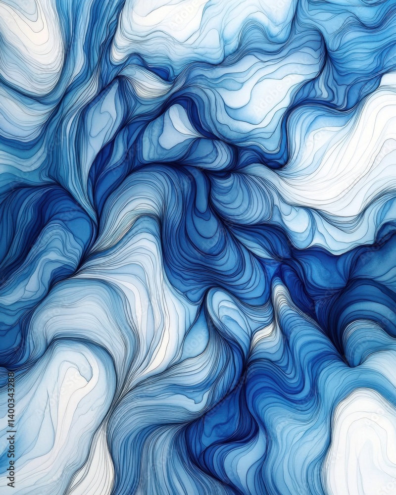 Poster serene abstract watercolor artwork depicting flowing blue waves and intricate lines creating a calmi
