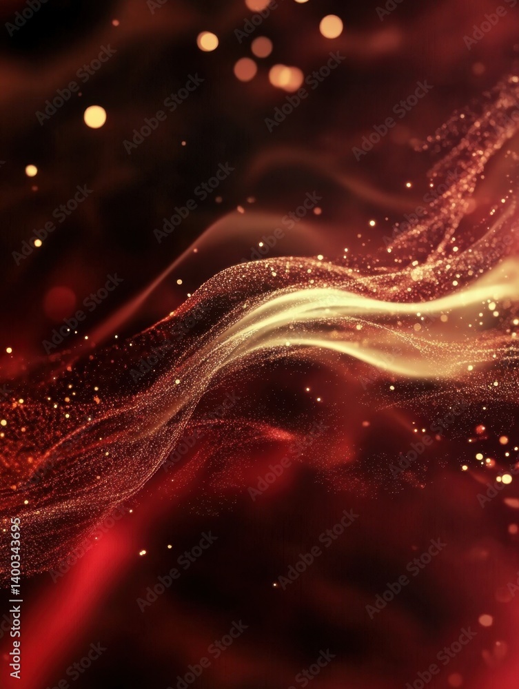 Poster abstract golden and red wave with glittering particles on a dark background creates a luxurious and 