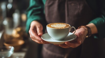 Barista serving a freshly made cup of latte with heart-shaped latte art
