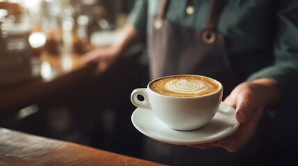 Barista serving a freshly made cup of latte with heart-shaped latte art