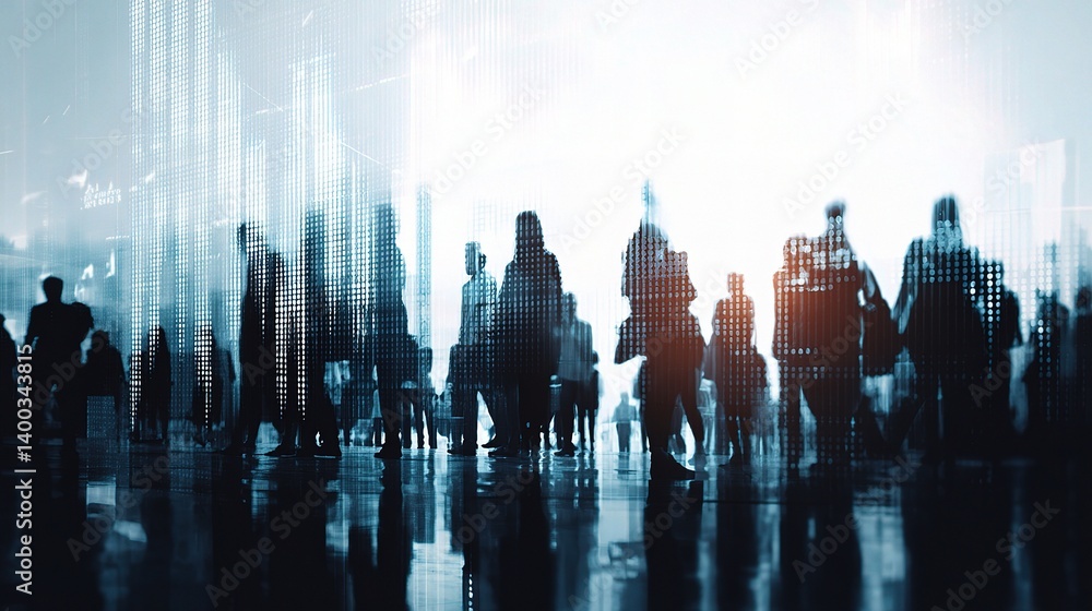 Poster people networking in double exposure with abstract cityscape background