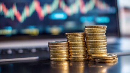 Financial Growth and Investment: Coins Stacked on Laptop with Stock Market Graph in Background