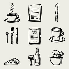 Food and beverage vector icons drawing for restaurant menu creation or promotion