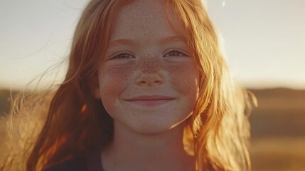 A cheerful red-haired child enjoys the outdoors, their face illuminated by soft golden sunlight and framed by a warm, tranquil background of colors