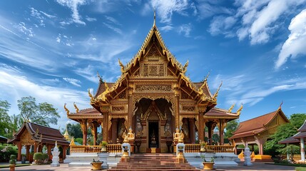 Fototapeta premium Majestic Golden Temple Surrounded by Lush Greenery and Vibrant Blue Sky